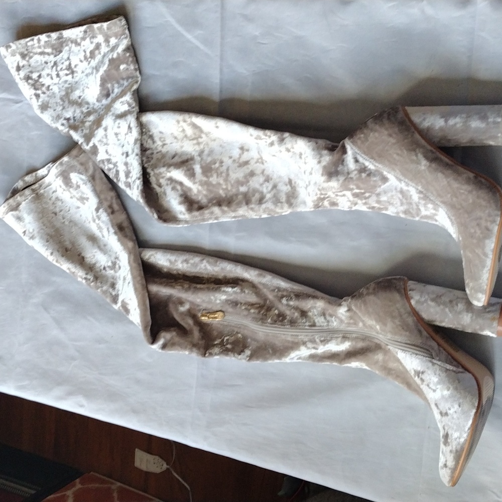 Cape Robbin Silver Velour thigh high chunky heel boots